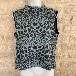 St John vintage mock neck leopard sleeveless sweater Santana M blue gray